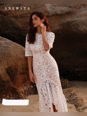 NWT - ANEWSTA White Lace High-Low Dress - Petite L - 8/10